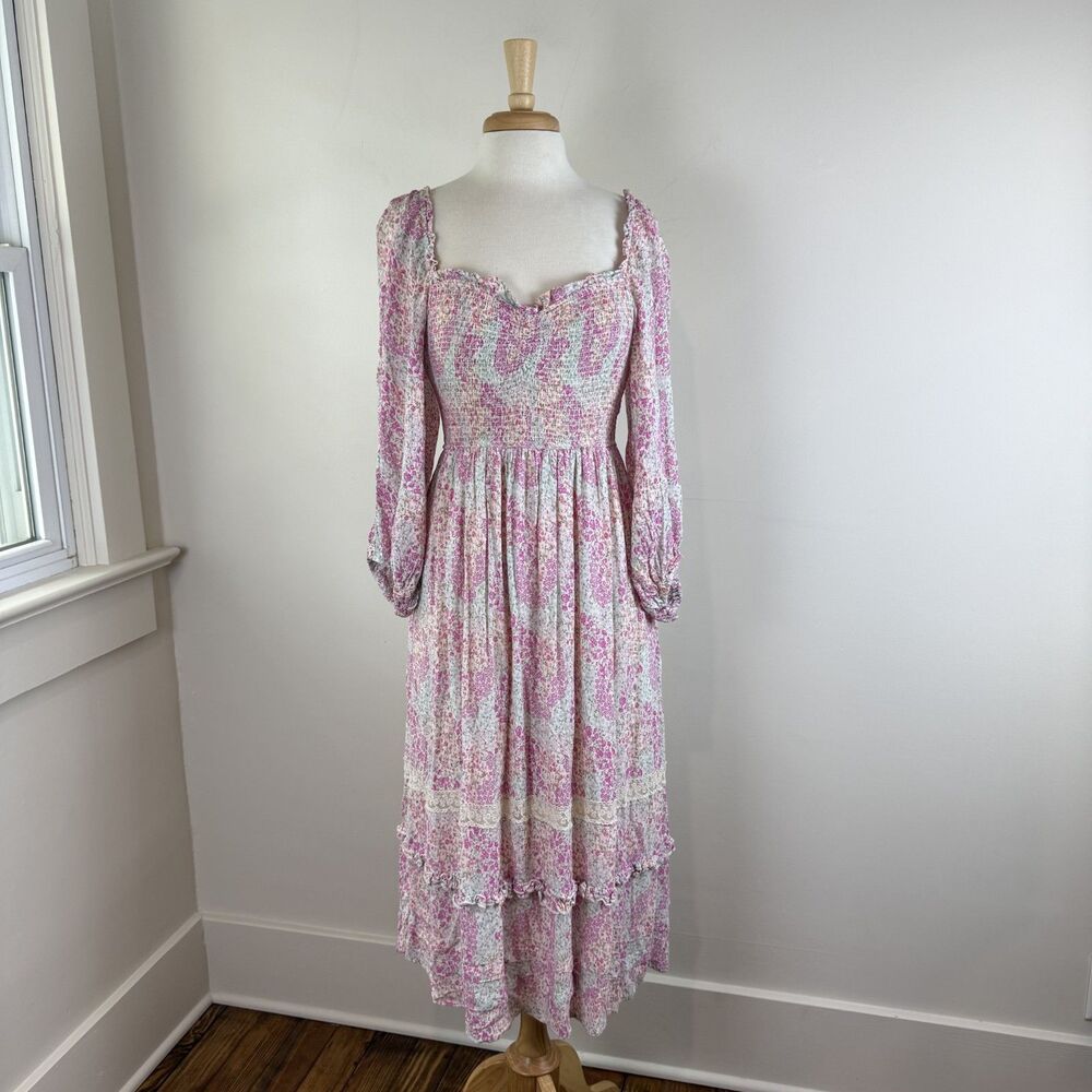 Smocked Floral Rayon Sweetheart Maxi Dress, Cottagecore Boho Prairie Romantic, M